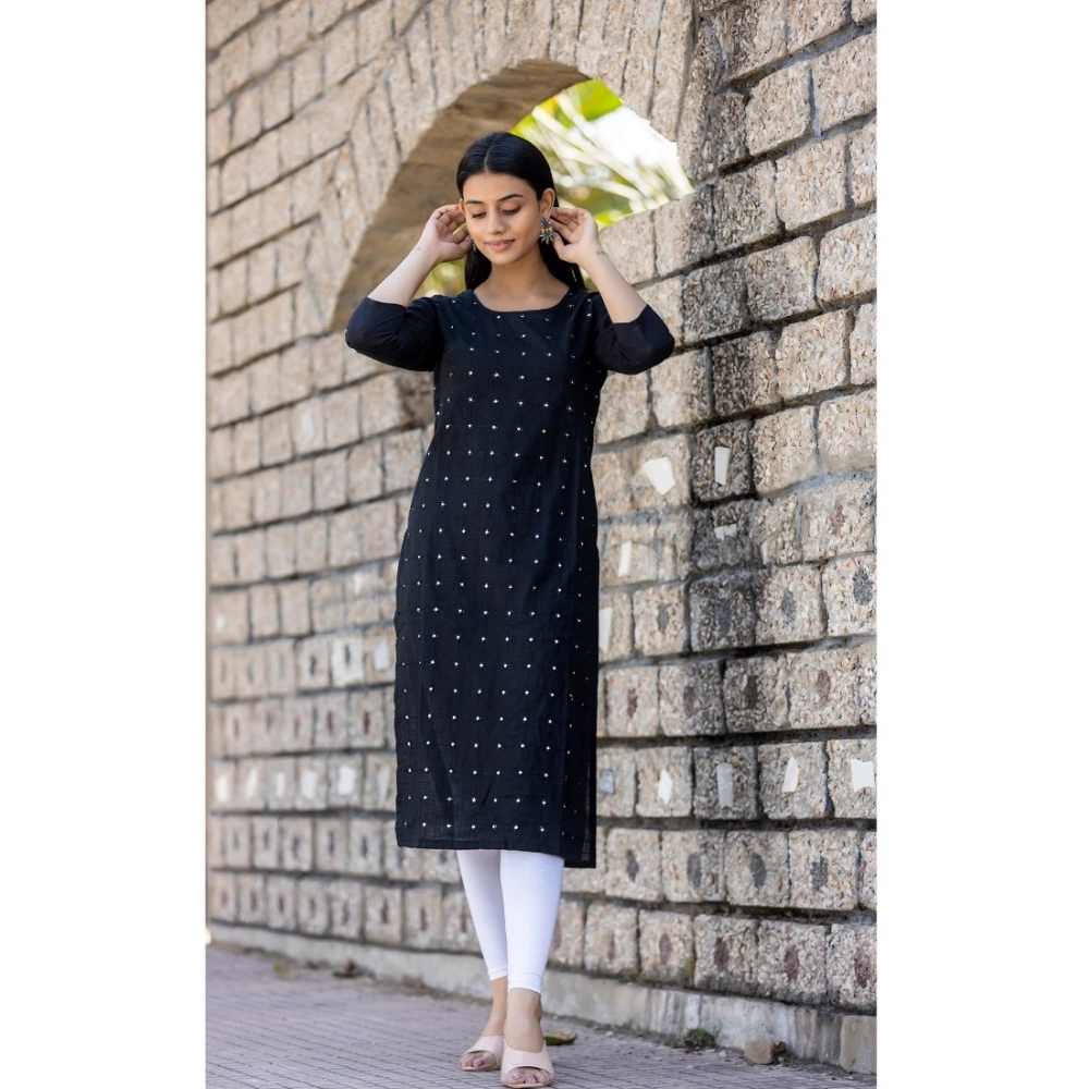 Generic Women's Cotton Solid 3/4 Sleeve Round Neck Kurti (Black) - Image 7