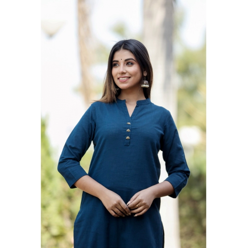 Generic Women's Cotton Solid 3/4 Sleeve Mandarin collar Kurti (Blue) - Image 2
