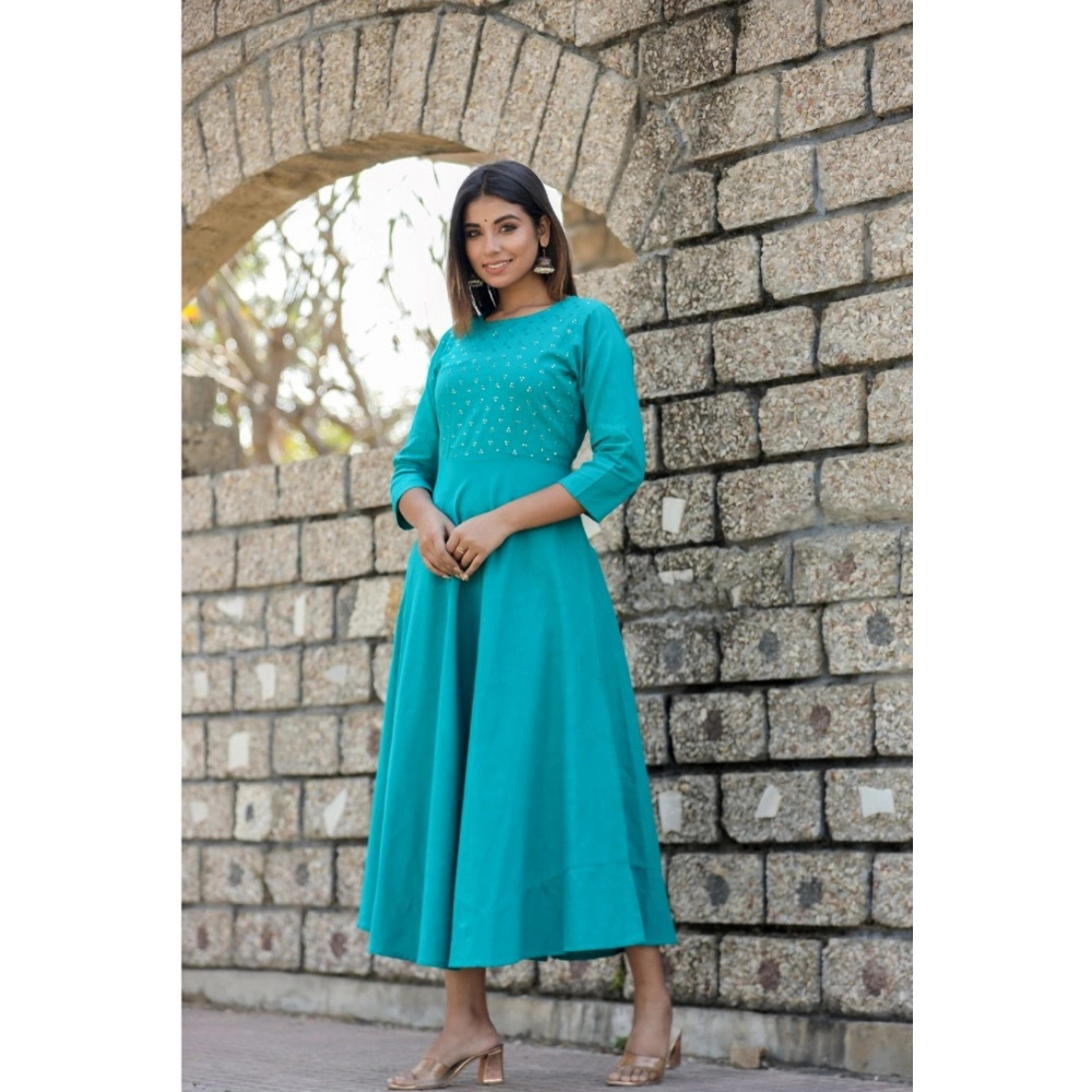 Generic Women's Cotton Solid 3/4 Sleeve Round Neck Kurti (Green) - Image 4