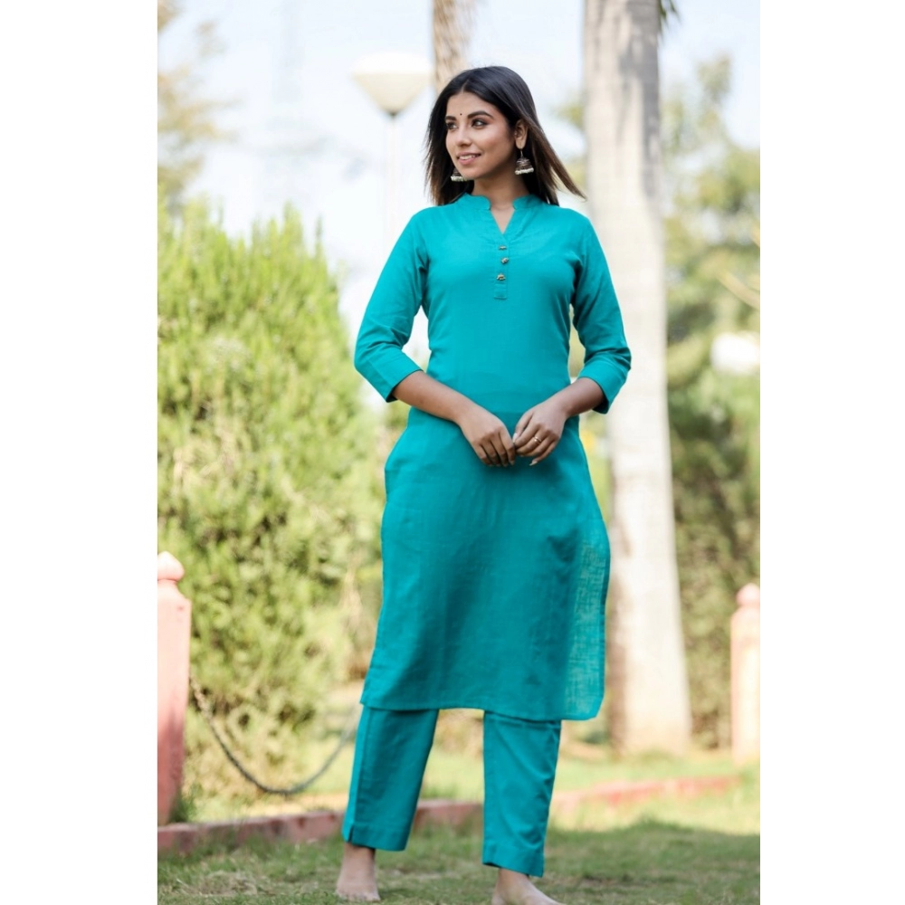 Generic Women's Cotton Solid 3/4 Sleeve Mandarin collar Kurti (Green) - Image 4