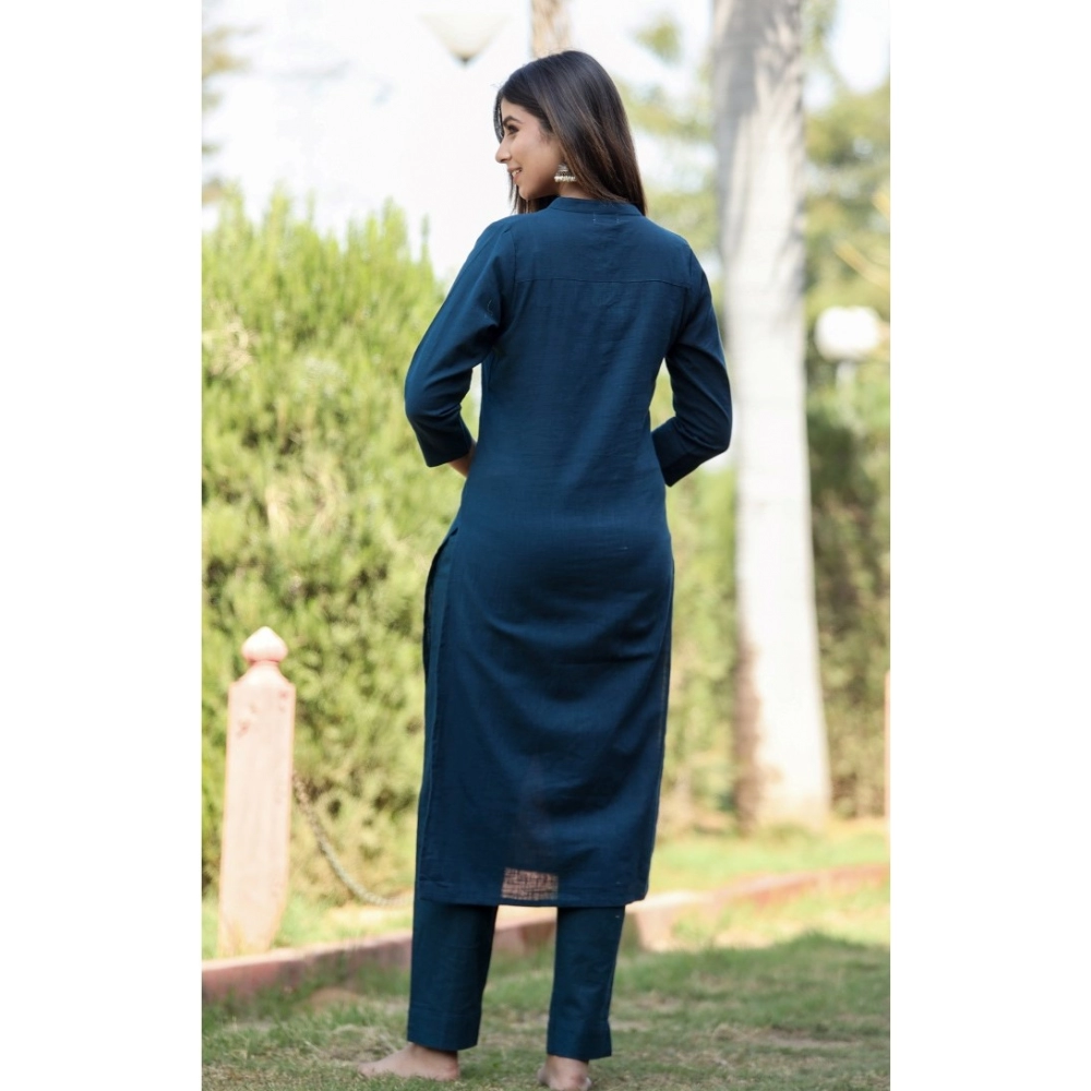 Generic Women's Cotton Solid 3/4 Sleeve Mandarin collar Kurti (Blue) - Image 5