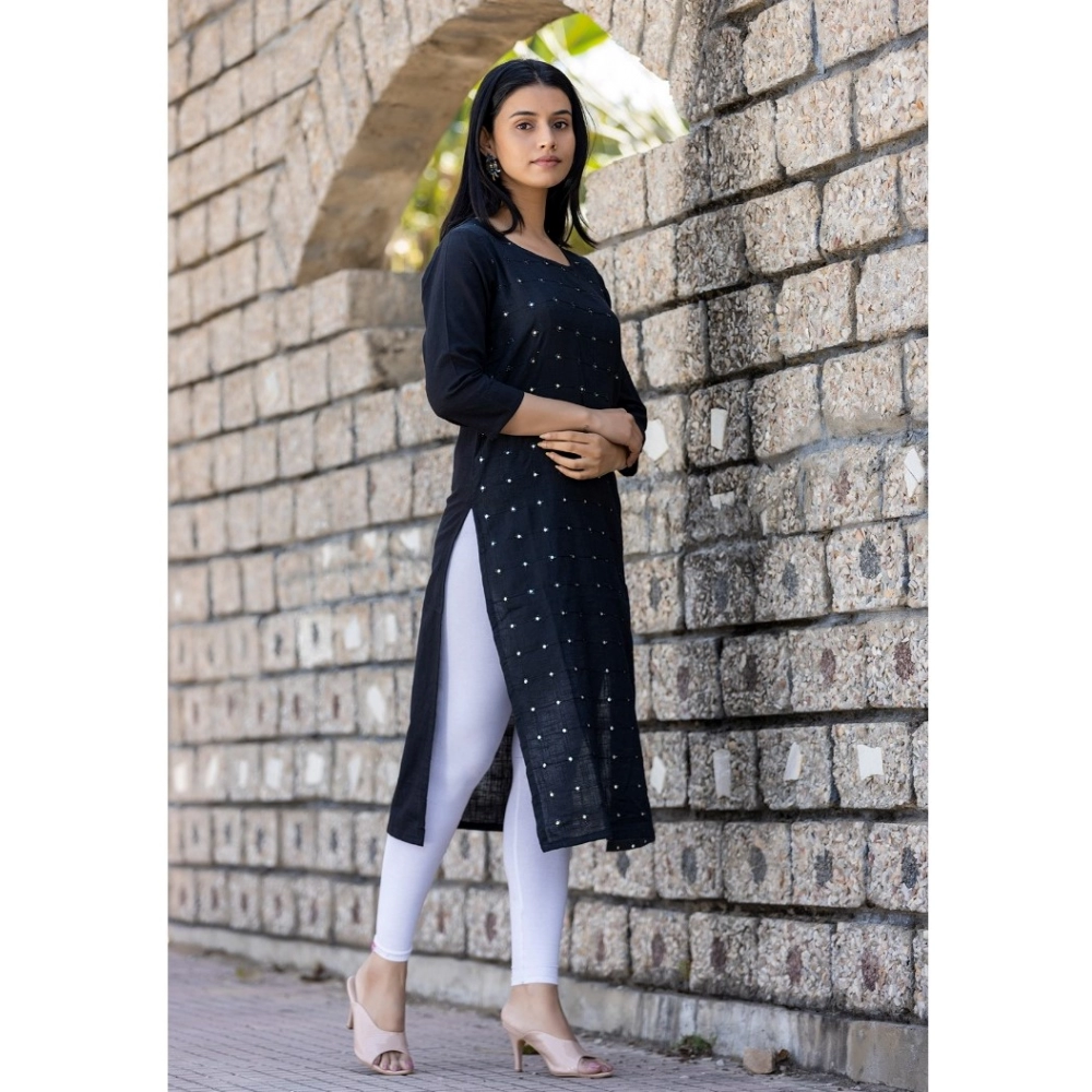 Generic Women's Cotton Solid 3/4 Sleeve Round Neck Kurti (Black) - Image 4