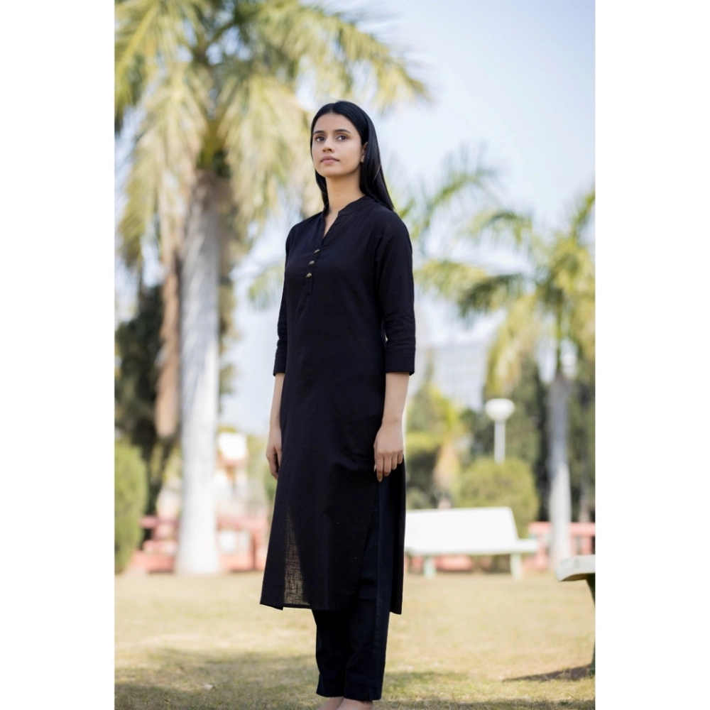 Generic Women's Cotton Solid 3/4 Sleeve Mandarin collar Kurti (Black) - Image 2