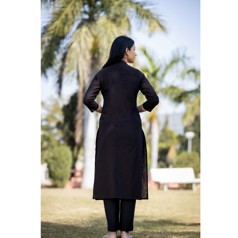 Generic Women's Cotton Solid 3/4 Sleeve Mandarin collar Kurti (Black) - Image 4