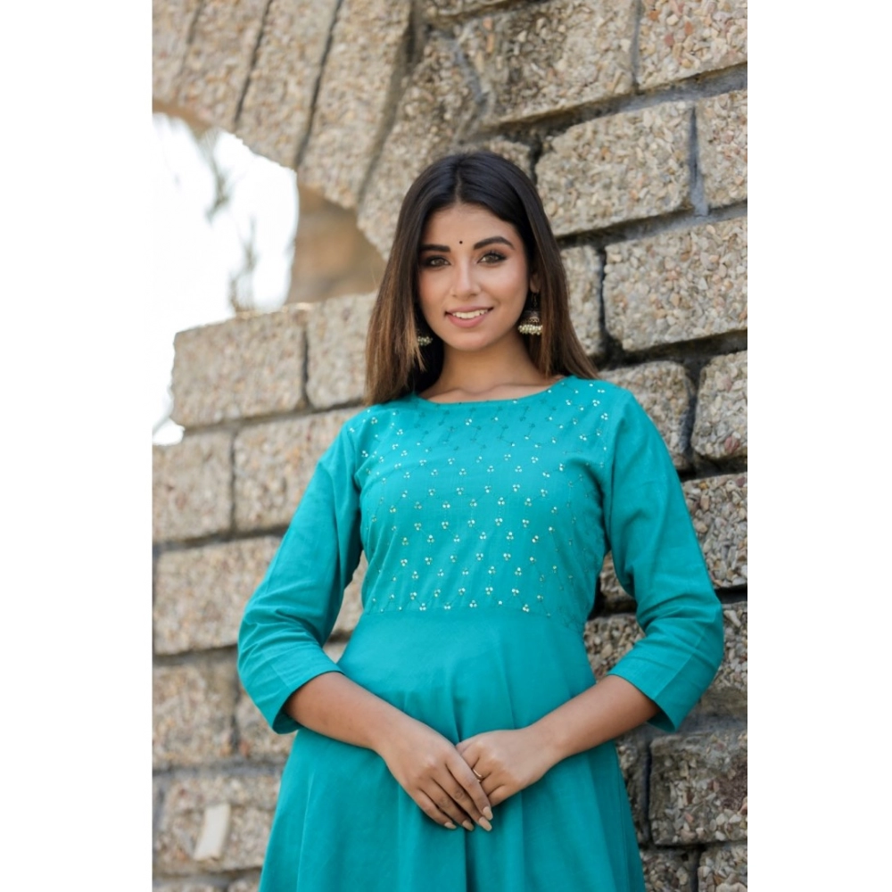 Generic Women's Cotton Solid 3/4 Sleeve Round Neck Kurti (Green) - Image 2