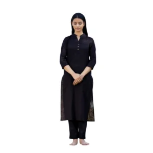 Generic Women's Cotton Solid 3/4 Sleeve Mandarin collar Kurti (Black)