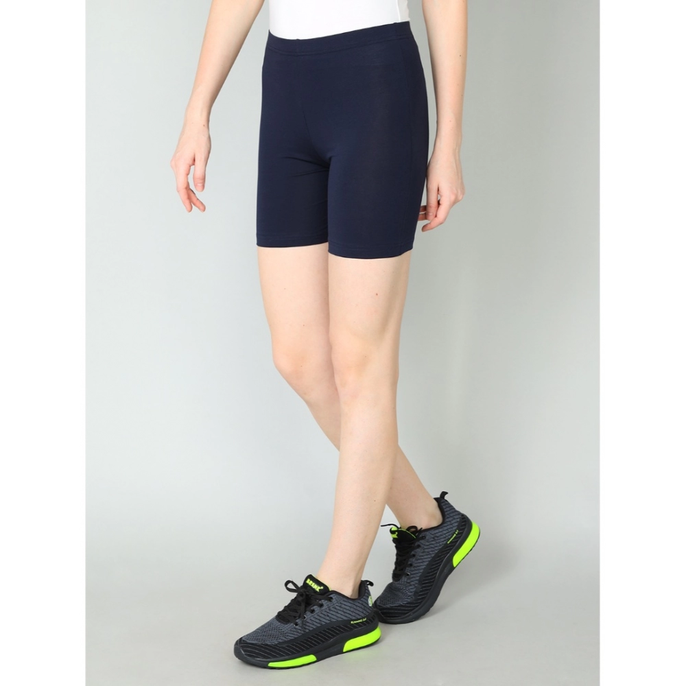 Generic Women's Cotton Blended Solid Above Knee Sports Shorts (Navy) - Image 3