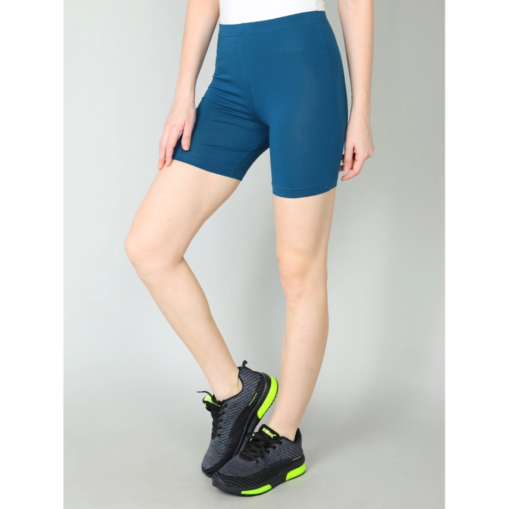 Generic Women's Cotton Blended Solid Above Knee Sports Shorts (Blue) - Image 3