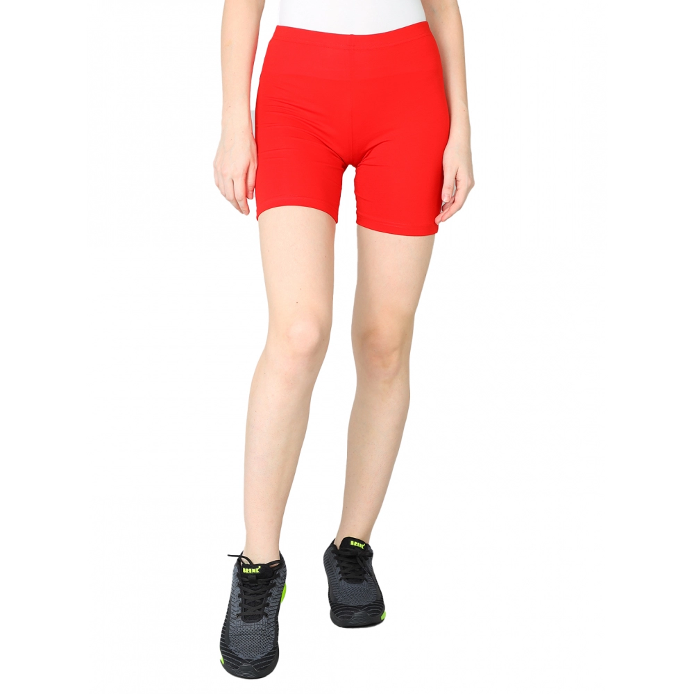 Generic Women's Cotton Blended Solid Above Knee Sports Shorts (Red)