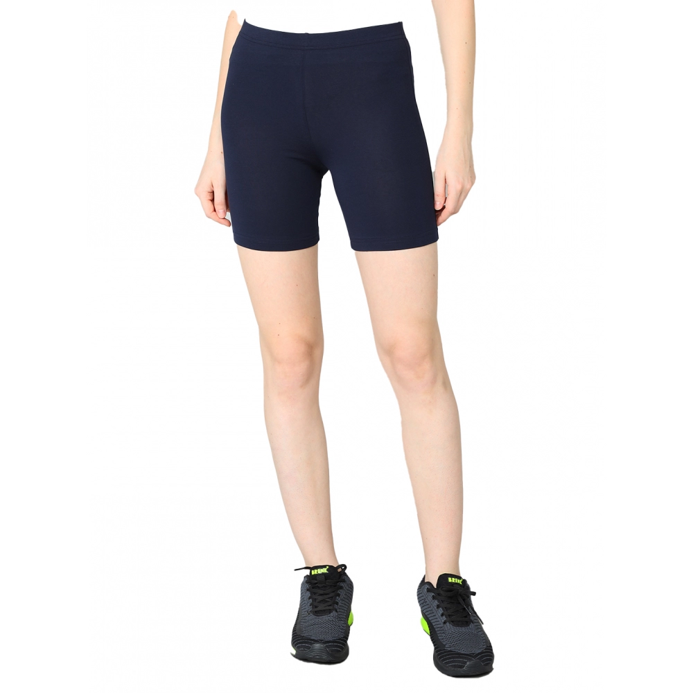 Generic Women's Cotton Blended Solid Above Knee Sports Shorts (Navy)
