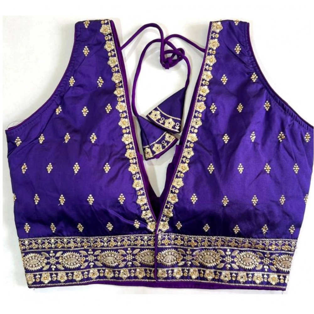 Generic Women's Silk Thread work V Neck Sleeve Less Readymade Blouse (Blue, Free Size) - Image 2