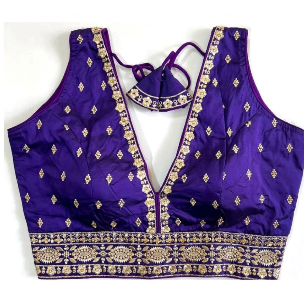 Generic Women's Silk Thread work V Neck Sleeve Less Readymade Blouse (Blue, Free Size)