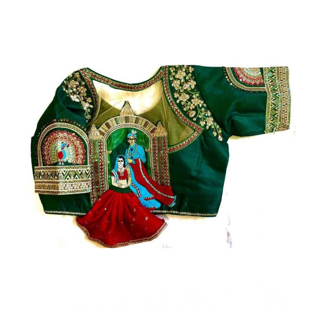 Generic Women's Shining silk Sequance Round Neck Short Sleeve Readymade Blouse (Green, Free Size) - Image 2