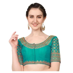 Generic Women's Silk Embroidery Coding Round Neck Short Sleeve Readymade Blouse (Sky Blue, Free Size)