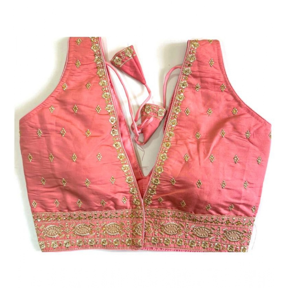 Generic Women's Silk Thread work V Neck Sleeve Less Readymade Blouse (Peach, Free Size) - Image 2