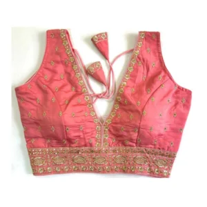 Generic Women's Silk Thread work V Neck Sleeve Less Readymade Blouse (Peach, Free Size)