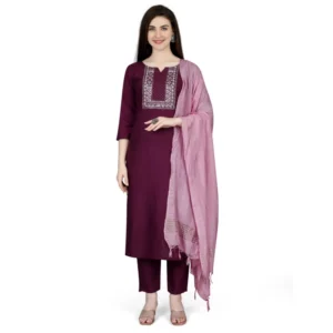Generic Women's Cotton Blend Embroidered 3-4 th Sleeve V Neck Kurti With Pant Dupatta Set (Purple)