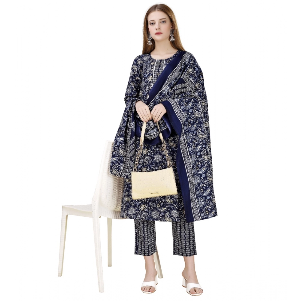 Generic Women's Cotton Blend Printed 3-4 th Sleeve Round Neck Kurti With Pant Dupatta Set (Navy Blue) - Image 3