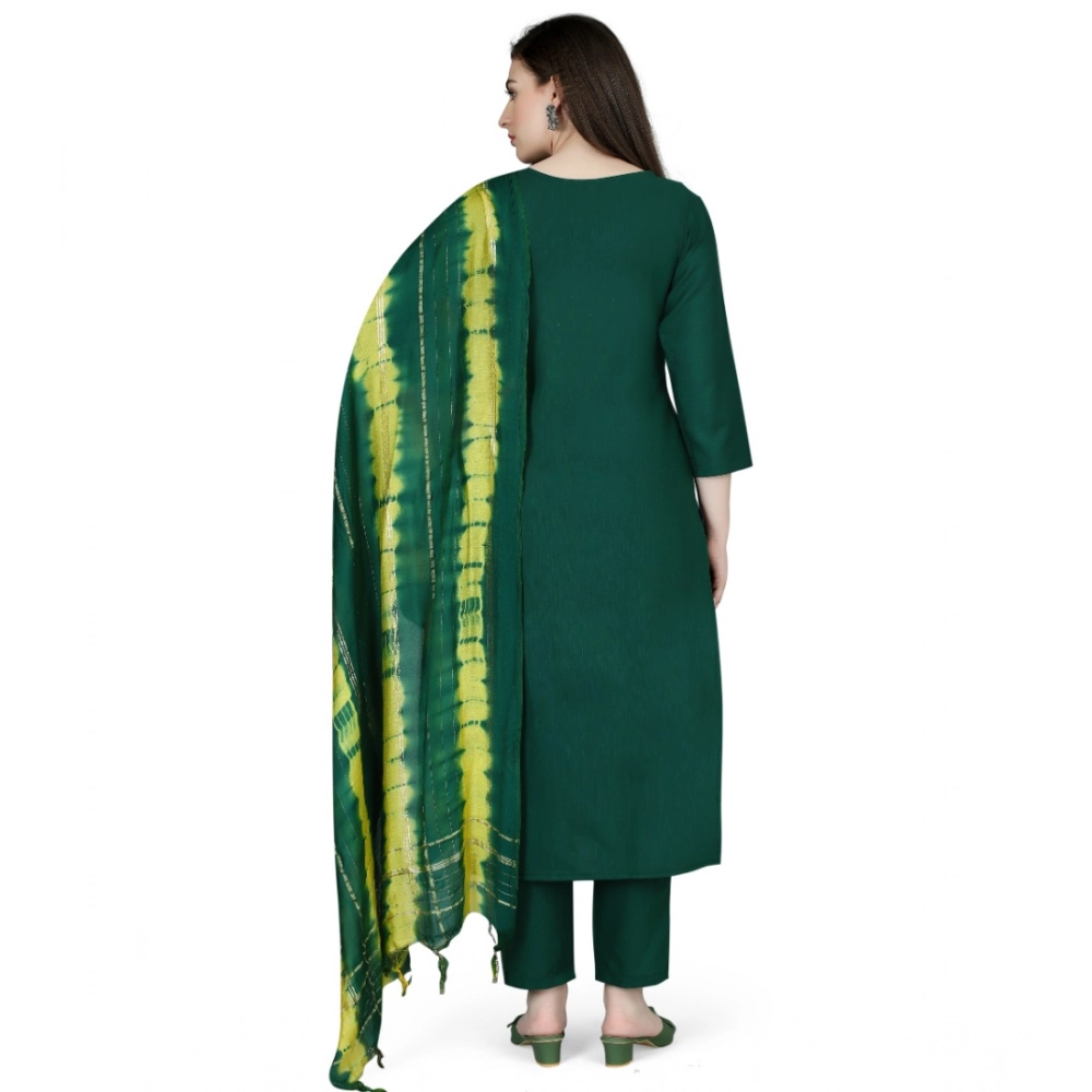 Generic Women's Cotton Blend Embroidered 3-4 th Sleeve Round Neck Kurti With Pant Dupatta Set (Green) - Image 5