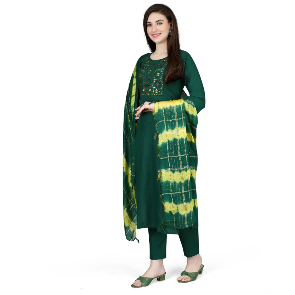 Generic Women's Cotton Blend Embroidered 3-4 th Sleeve Round Neck Kurti With Pant Dupatta Set (Green) - Image 3