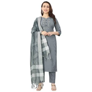 Generic Women's Cotton Blend Mirror Work 3-4 th Sleeve Sweetheart Neck Kurti With Pant Dupatta Set (Grey)