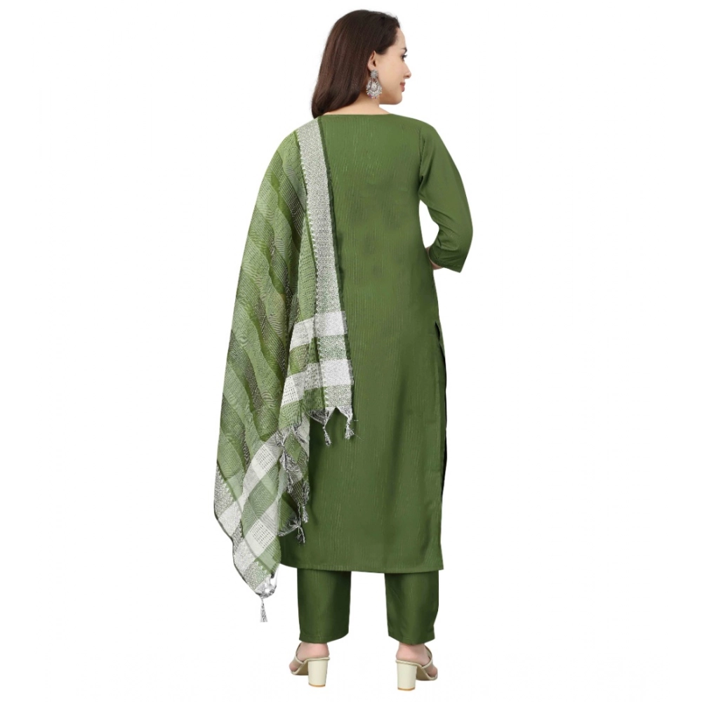 Generic Women's Cotton Blend Mirror Work 3-4 th Sleeve Sweetheart Neck Kurti With Pant Dupatta Set (Mehendi green) - Image 5