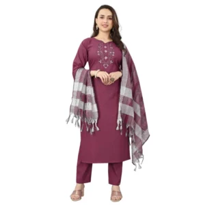 Generic Women's Cotton Blend Mirror Work 3-4 th Sleeve Sweetheart Neck Kurti With Pant Dupatta Set (Purple)