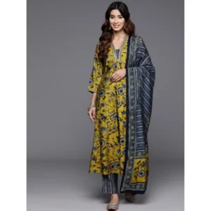 Generic Women's Cotton Blend Printed 3-4 th Sleeve V Neck Kurti With Pant Dupatta Set (Yellow)
