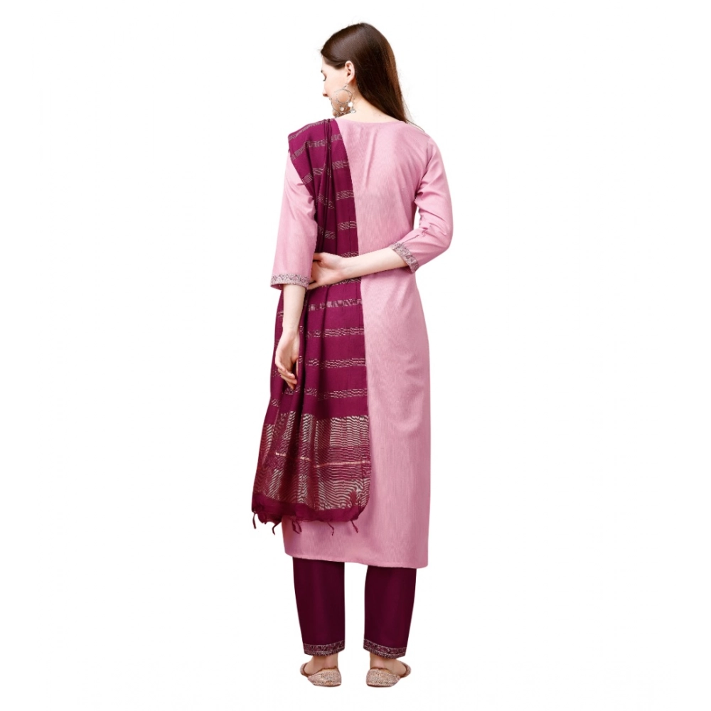 Generic Women's Cotton Blend Embroidered 3-4 th Sleeve Round Neck Kurti With Pant Dupatta Set (Pink ) - Image 5