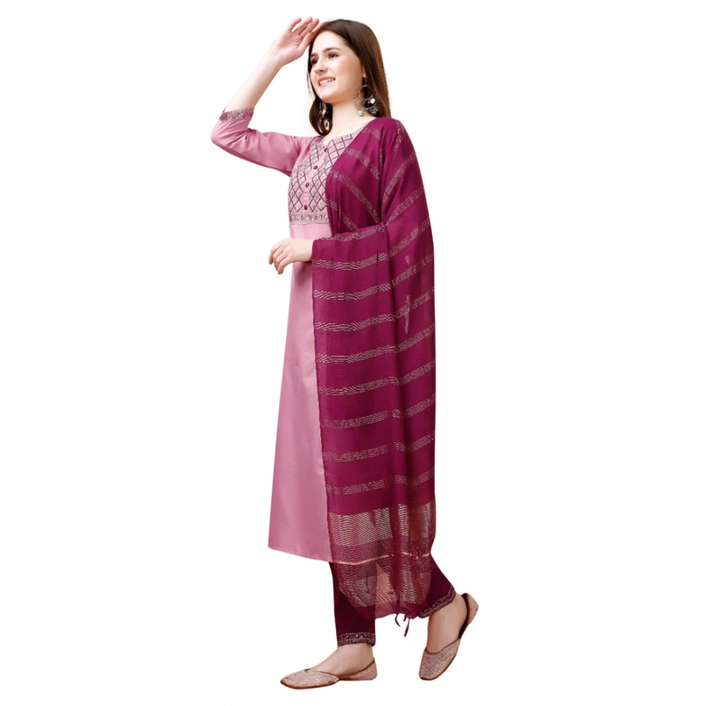 Generic Women's Cotton Blend Embroidered 3-4 th Sleeve Round Neck Kurti With Pant Dupatta Set (Pink ) - Image 4