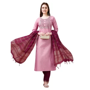 Generic Women's Cotton Blend Embroidered 3-4 th Sleeve Round Neck Kurti With Pant Dupatta Set (Pink )