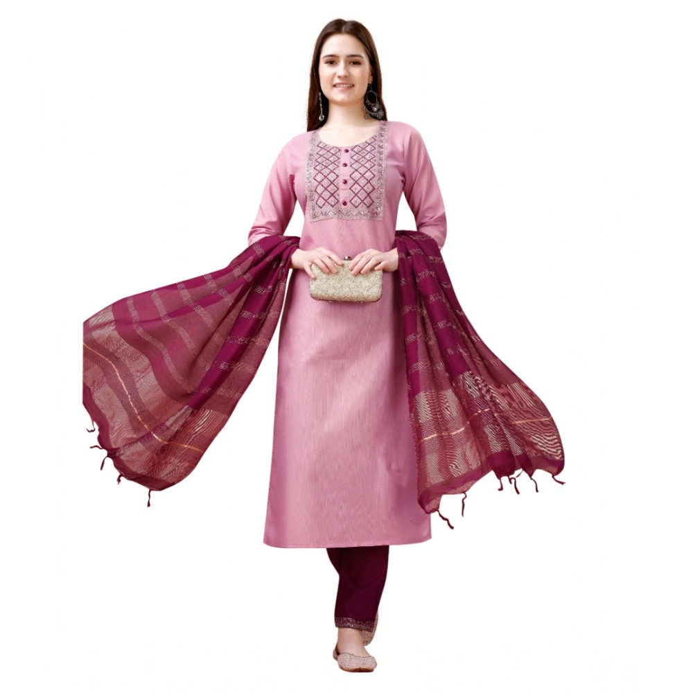 Generic Women's Cotton Blend Embroidered 3-4 th Sleeve Round Neck Kurti With Pant Dupatta Set (Pink )