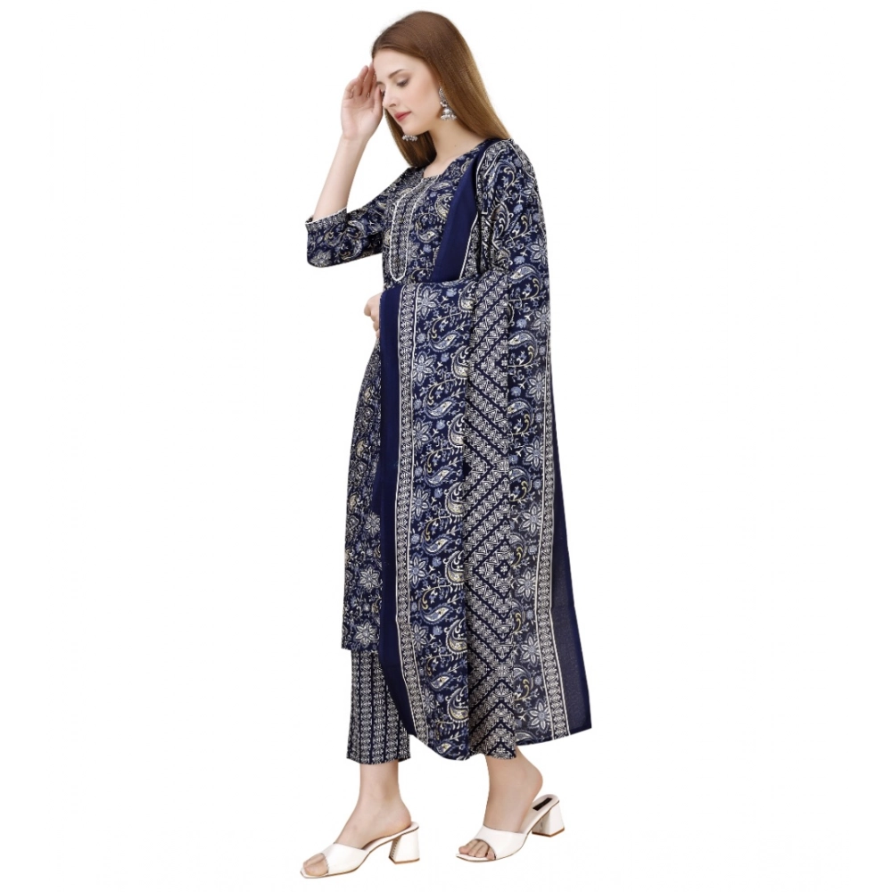 Generic Women's Cotton Blend Printed 3-4 th Sleeve Round Neck Kurti With Pant Dupatta Set (Navy Blue) - Image 4