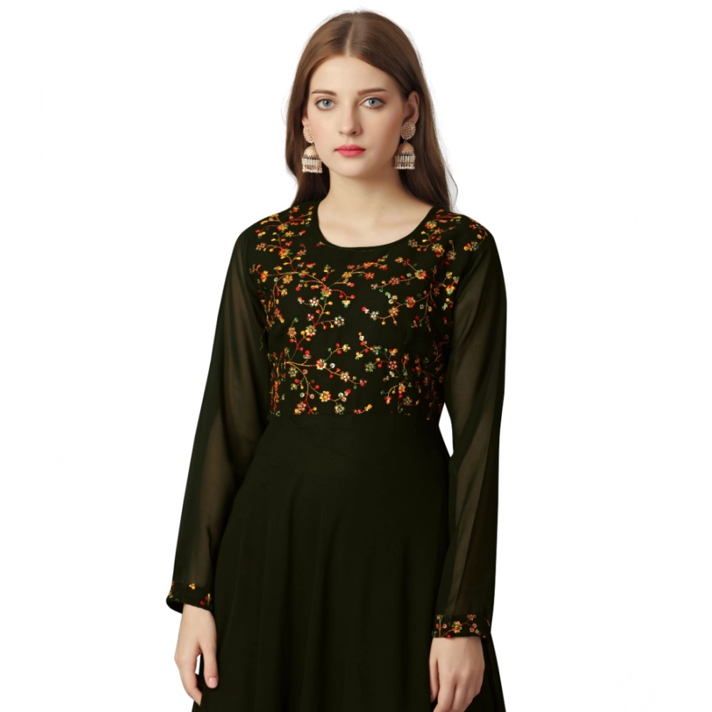 Generic Women's Georgette Embroidered Full Sleeve Round Neck Gown (Mehendi) - Image 3