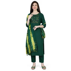 Generic Women's Cotton Blend Embroidered 3-4 th Sleeve Round Neck Kurti With Pant Dupatta Set (Green)