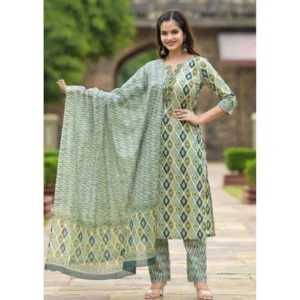 Generic Women's Cotton Printed 3-4 th Sleeve V Neck Kurti With Pant Dupatta Set (Green)