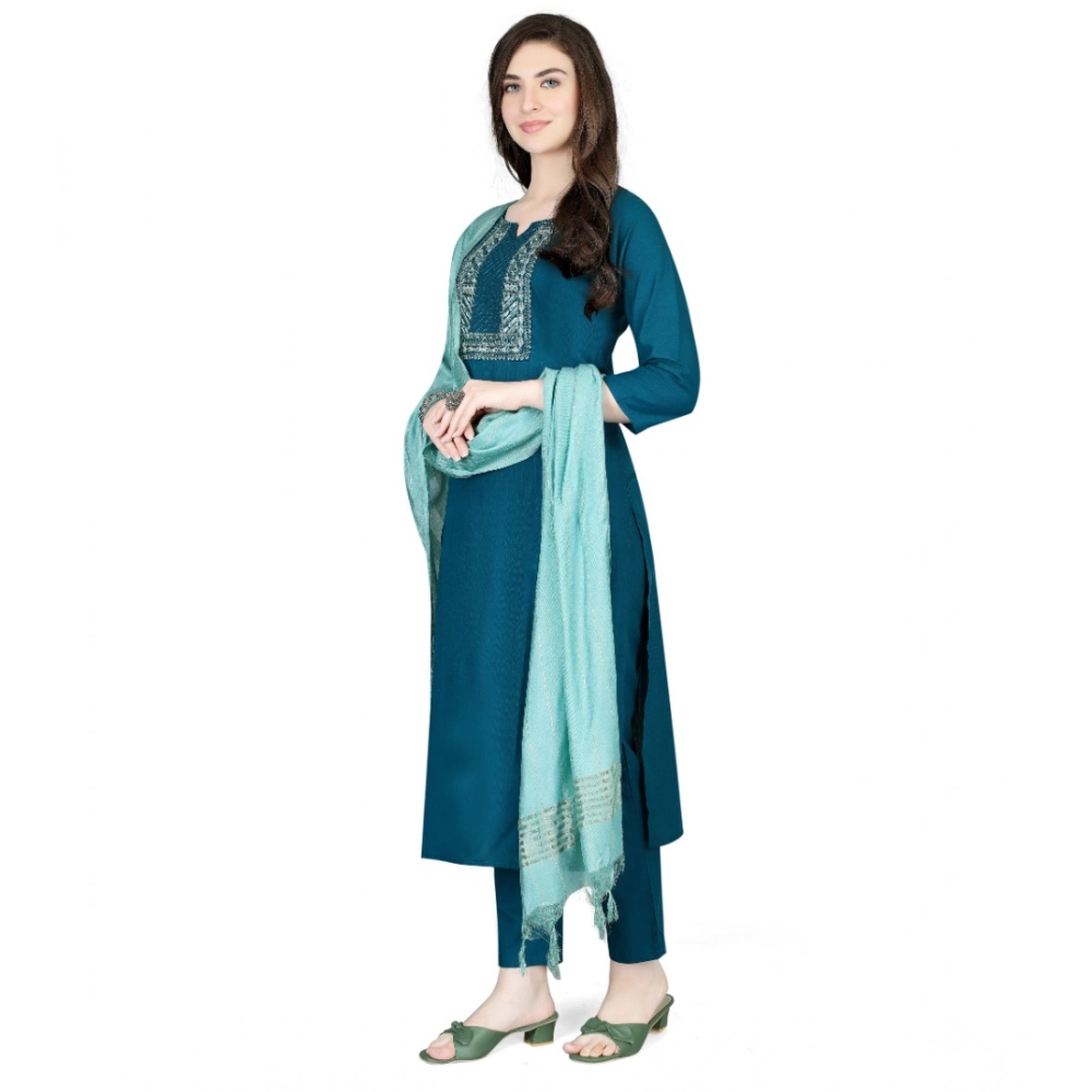 Generic Women's Cotton Blend Embroidered 3-4 th Sleeve V Neck Kurti With Pant Dupatta Set (Indigo) - Image 4