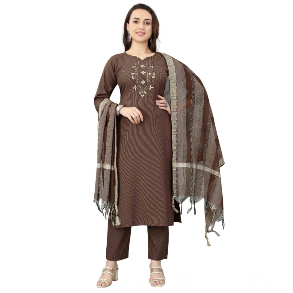 Generic Women's Cotton Blend Mirror Work 3-4 th Sleeve Sweetheart Neck Kurti With Pant Dupatta Set (Brown) - Image 3