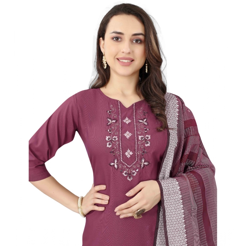 Generic Women's Cotton Blend Mirror Work 3-4 th Sleeve Sweetheart Neck Kurti With Pant Dupatta Set (Purple) - Image 3
