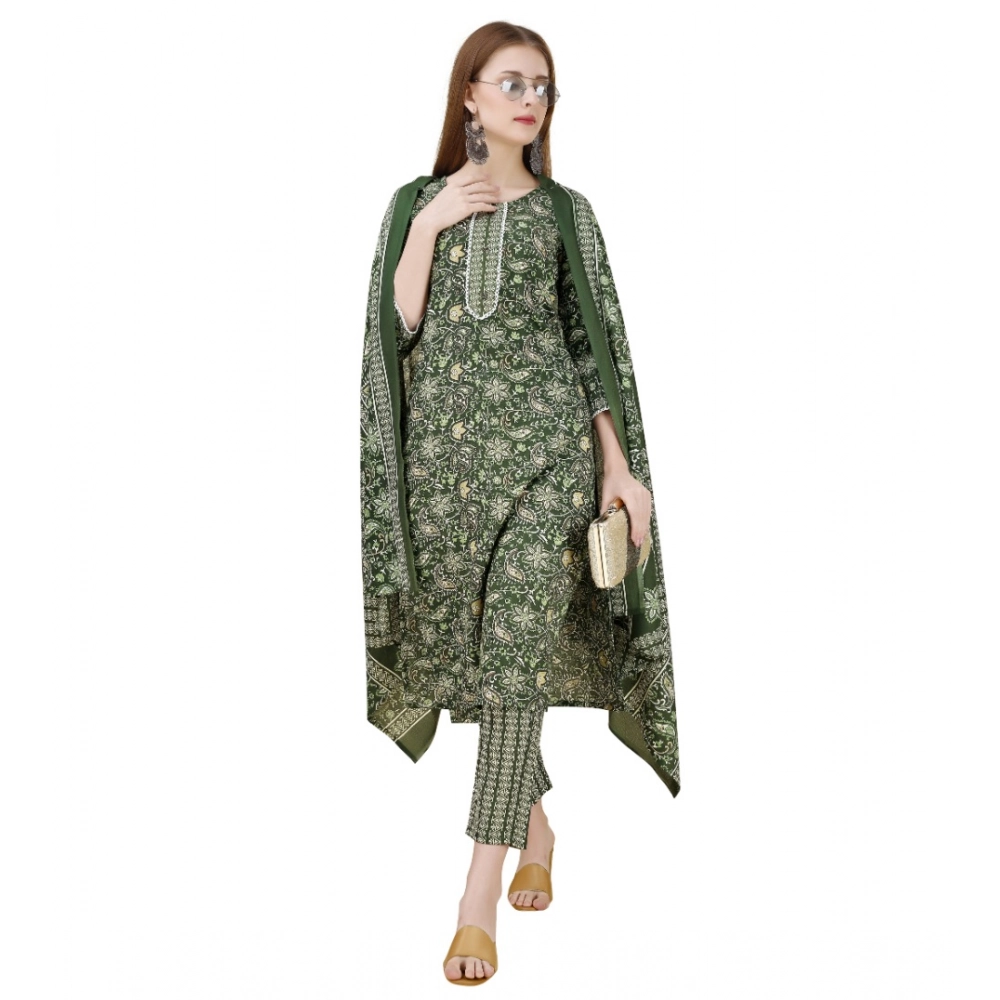 Generic Women's Cotton Blend Printed 3-4 th Sleeve Round Neck Kurti With Pant Dupatta Set (Green) - Image 4