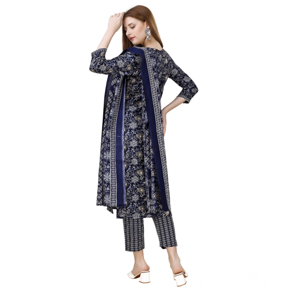 Generic Women's Cotton Blend Printed 3-4 th Sleeve Round Neck Kurti With Pant Dupatta Set (Navy Blue) - Image 5