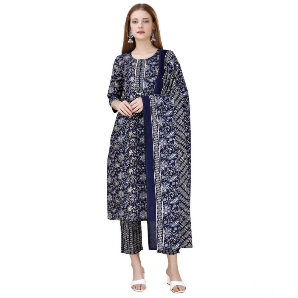 Generic Women's Cotton Blend Printed 3-4 th Sleeve Round Neck Kurti With Pant Dupatta Set (Navy Blue)