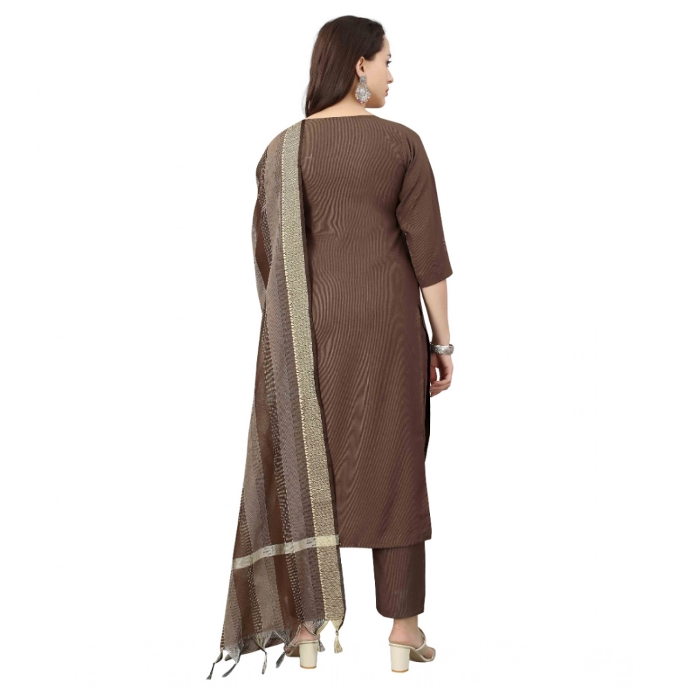 Generic Women's Cotton Blend Mirror Work 3-4 th Sleeve Sweetheart Neck Kurti With Pant Dupatta Set (Brown) - Image 5