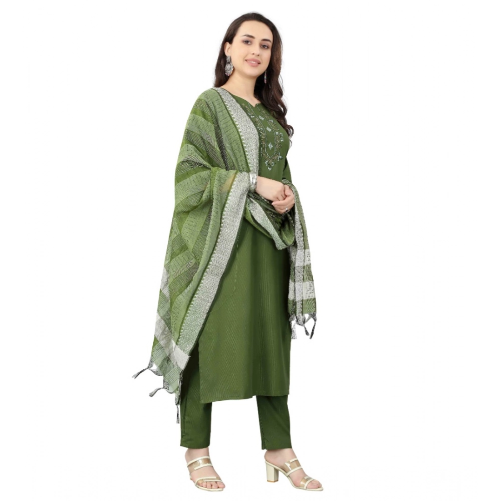 Generic Women's Cotton Blend Mirror Work 3-4 th Sleeve Sweetheart Neck Kurti With Pant Dupatta Set (Mehendi green) - Image 4