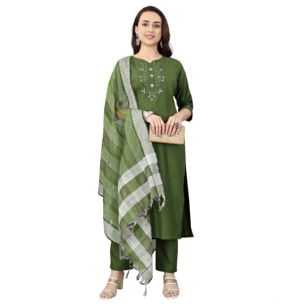 Generic Women's Cotton Blend Mirror Work 3-4 th Sleeve Sweetheart Neck Kurti With Pant Dupatta Set (Mehendi green) - Image 3