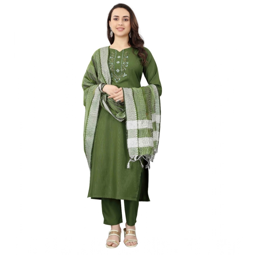 Generic Women's Cotton Blend Mirror Work 3-4 th Sleeve Sweetheart Neck Kurti With Pant Dupatta Set (Mehendi green)
