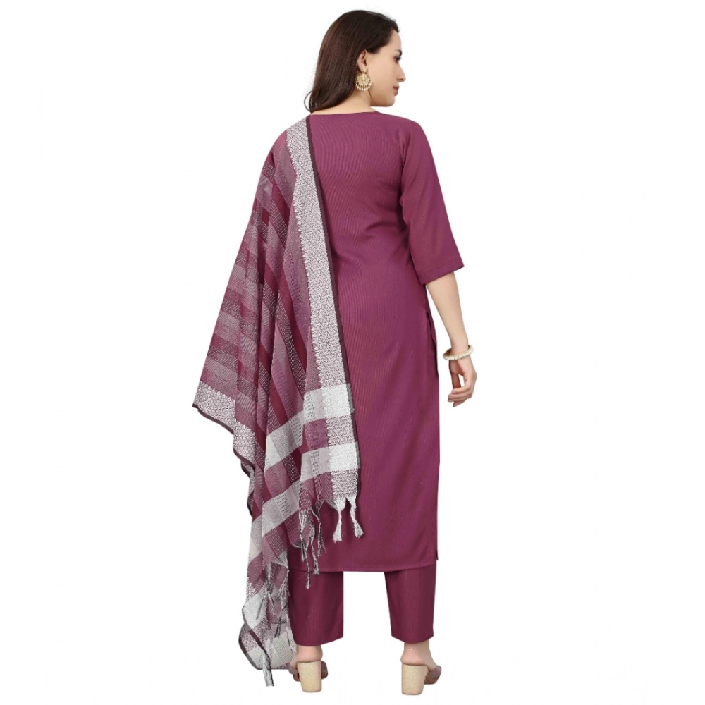 Generic Women's Cotton Blend Mirror Work 3-4 th Sleeve Sweetheart Neck Kurti With Pant Dupatta Set (Purple) - Image 5