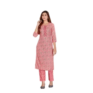 Generic Women's Cotton Blend Foil Print - Mirror Work 3-4 th Sleeve Round Neck Kurti With Pant Set (Pink)