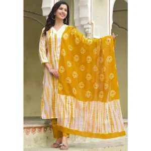 Generic Women's Cotton Printed 3-4 th Sleeve V Neck Kurti With Pant Dupatta Set (Yellow)