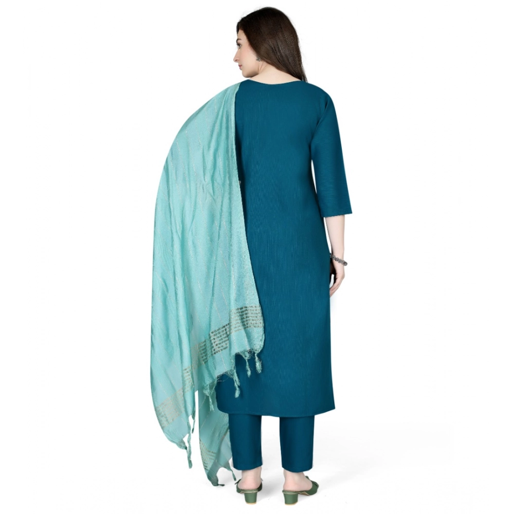 Generic Women's Cotton Blend Embroidered 3-4 th Sleeve V Neck Kurti With Pant Dupatta Set (Indigo) - Image 5